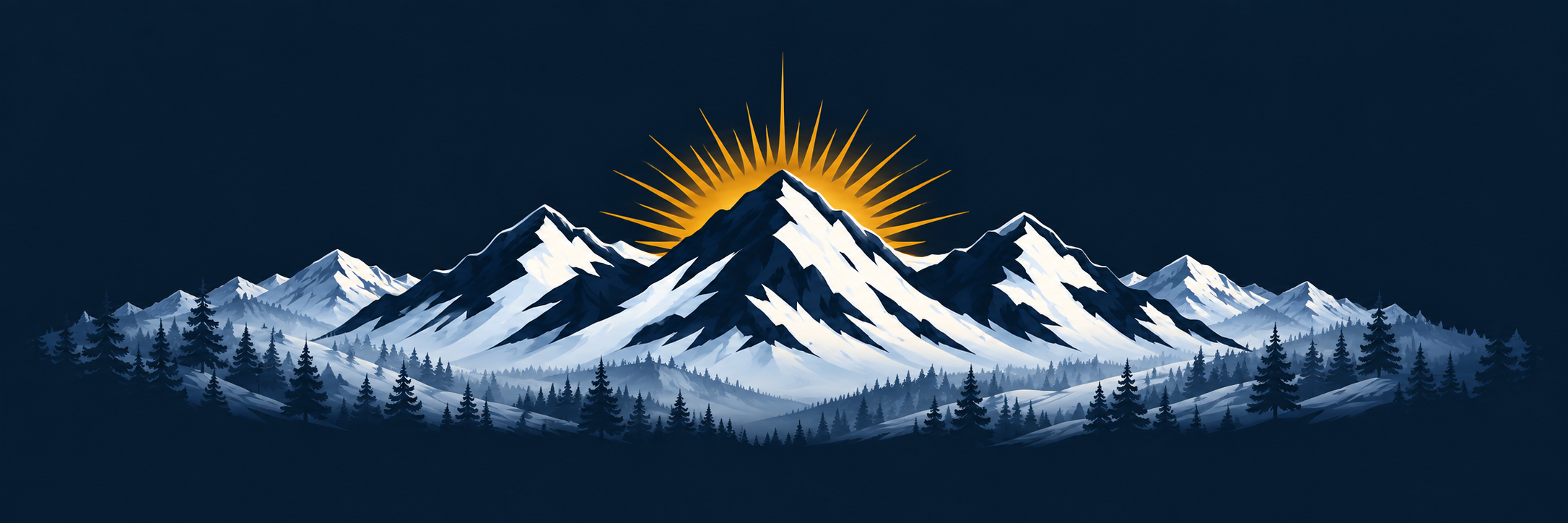 Dark blue snowcapped mountains with a golden sunrise