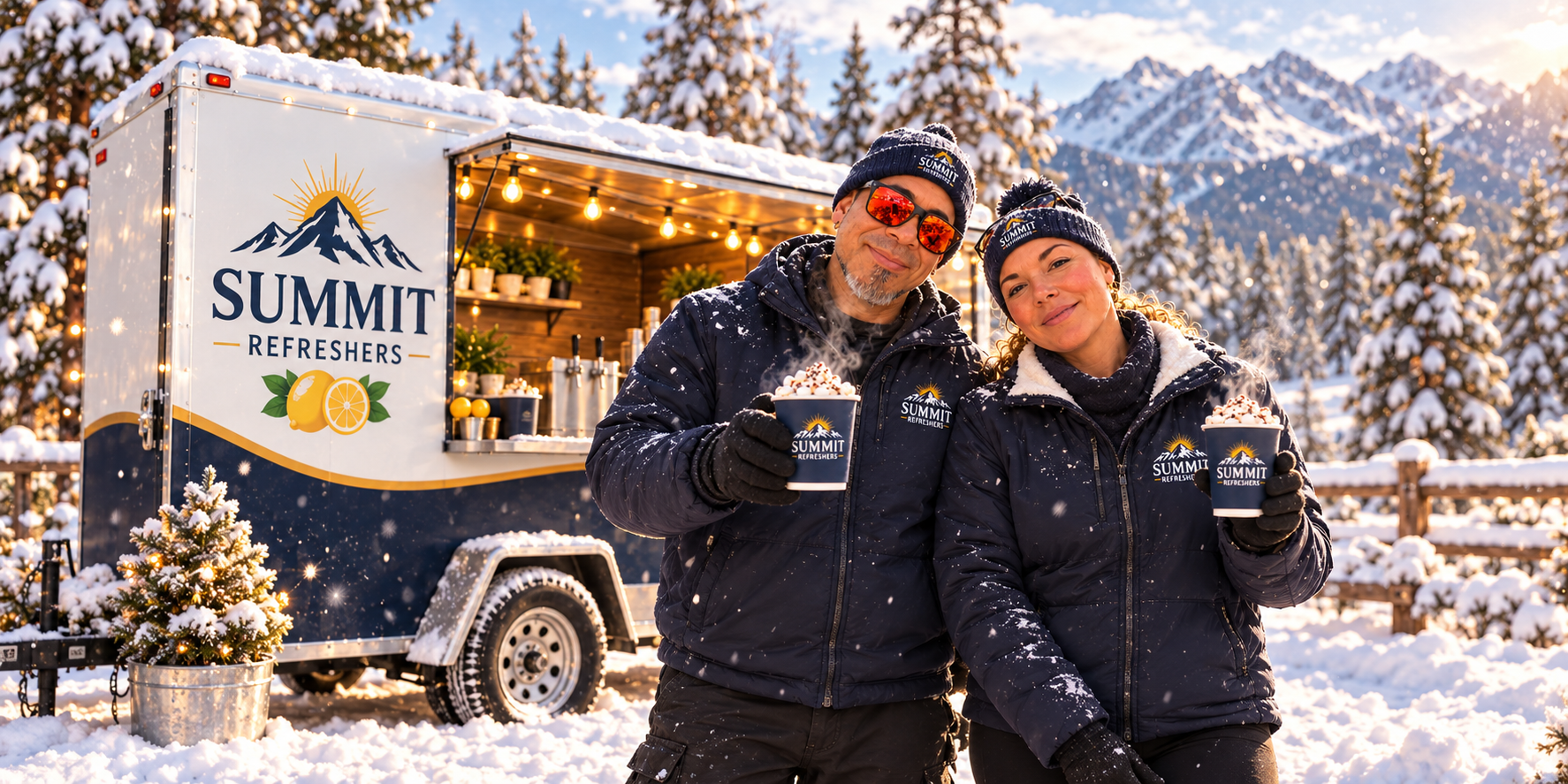 Personalized winter brand illustration of Zues and Tina holding hot cocoa beside the Summit Refreshers trailer