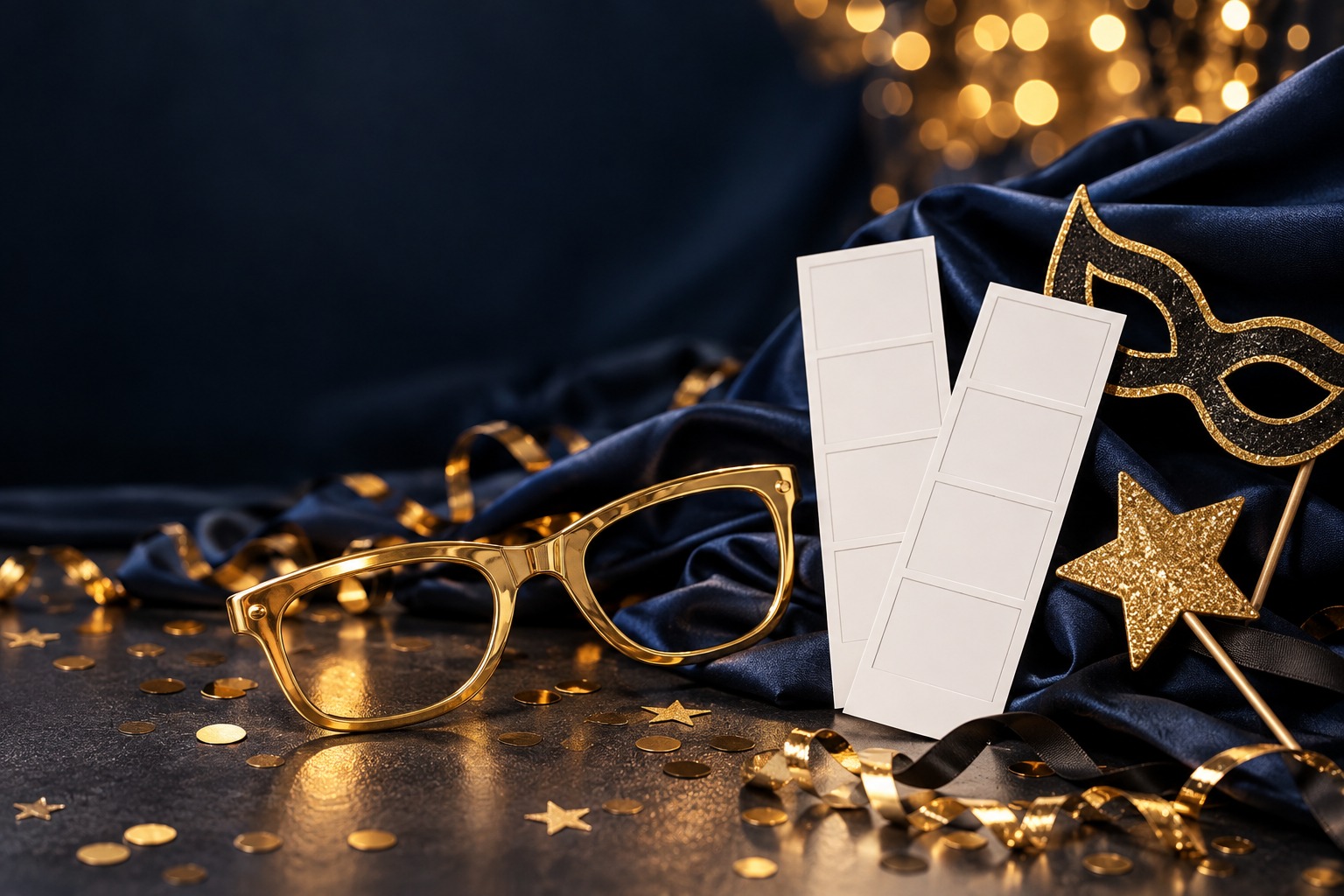 Decorative gold photo booth props and blank photo strips on a navy background