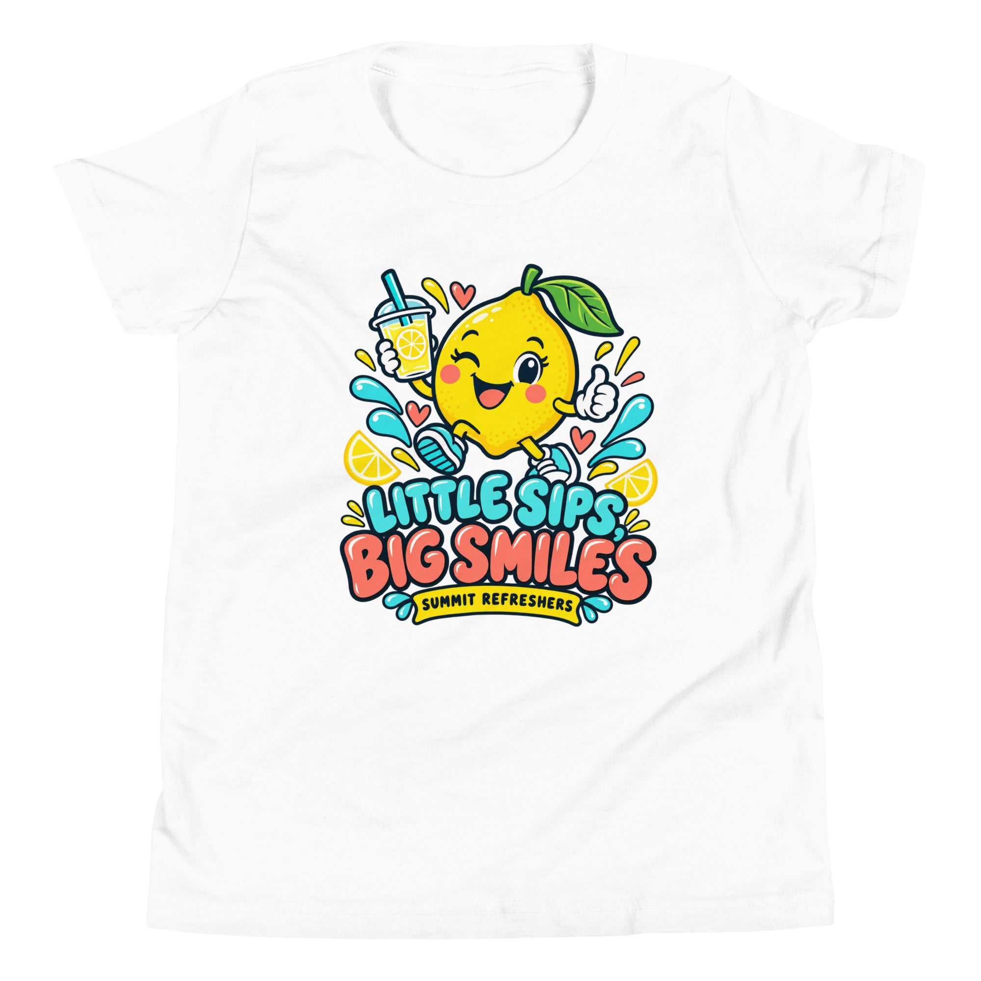 White Little Sips, Big Smiles kids T-shirt with a smiling lemon graphic