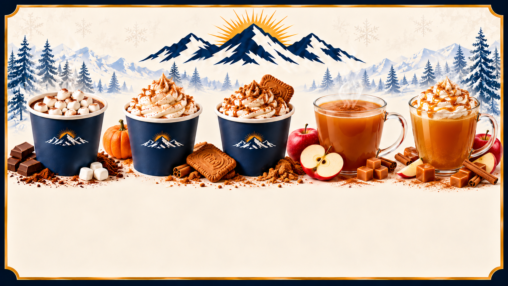 Five Summit winter drinks arranged left to right beneath snowy mountains: cocoa, pumpkin cocoa, cookie butter cocoa, apple cider, and caramel apple cider